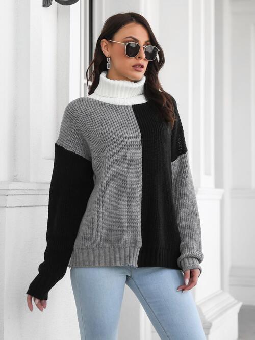 Contrast Turtleneck Long Sleeve Sweater   