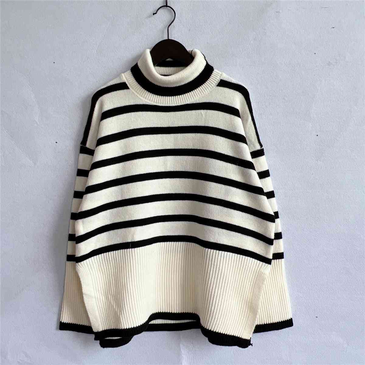 Striped Turtleneck Flare Sleeve Sweater   