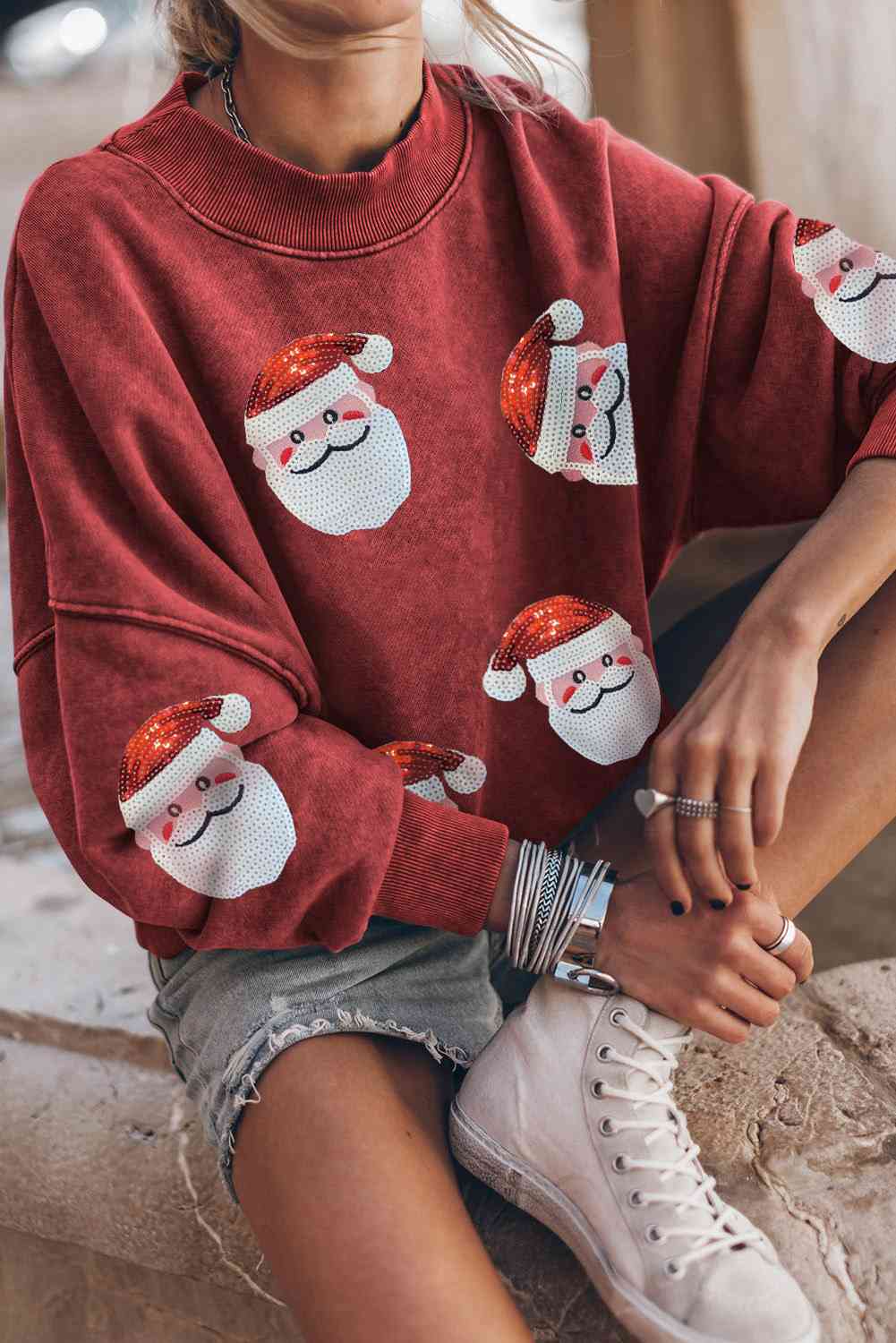 Sequin Santa Patch Round Neck Sweatshirt   