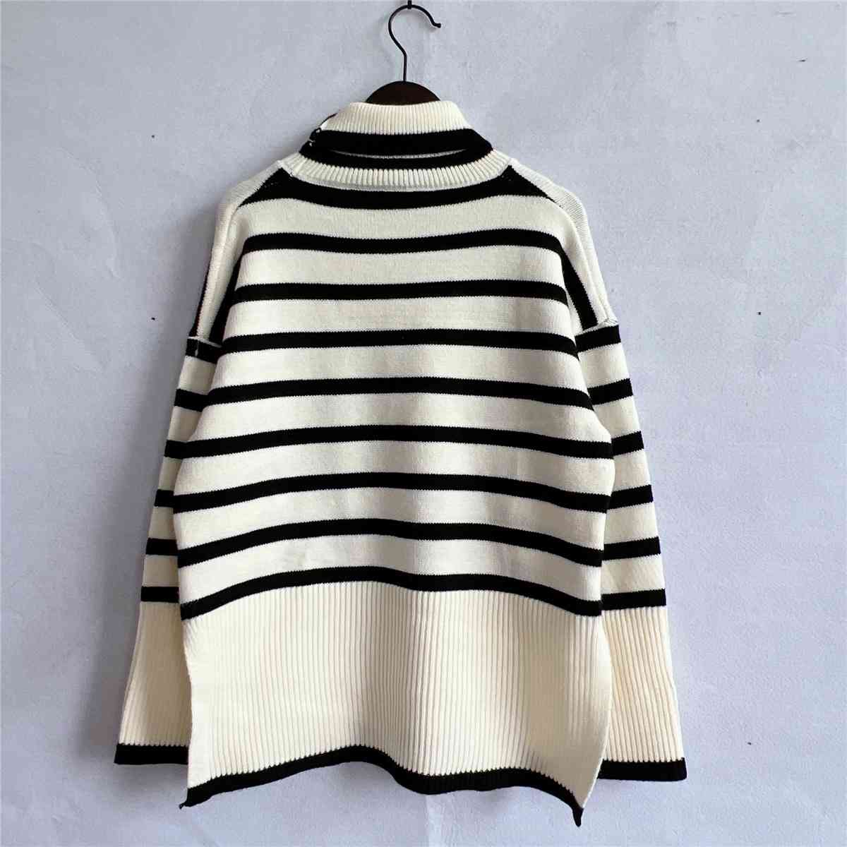 Striped Turtleneck Flare Sleeve Sweater   