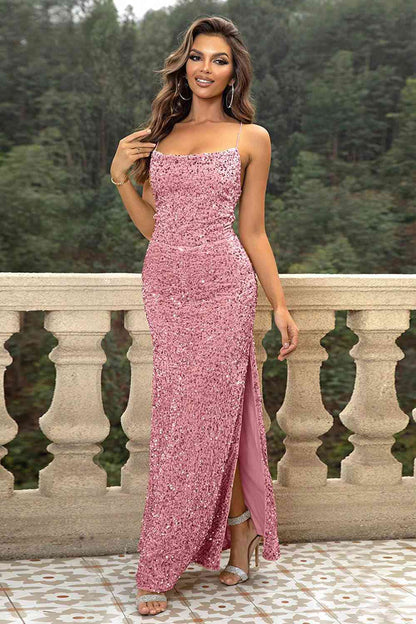 Sequin Backless Split Maxi Dress Strawberry XS 