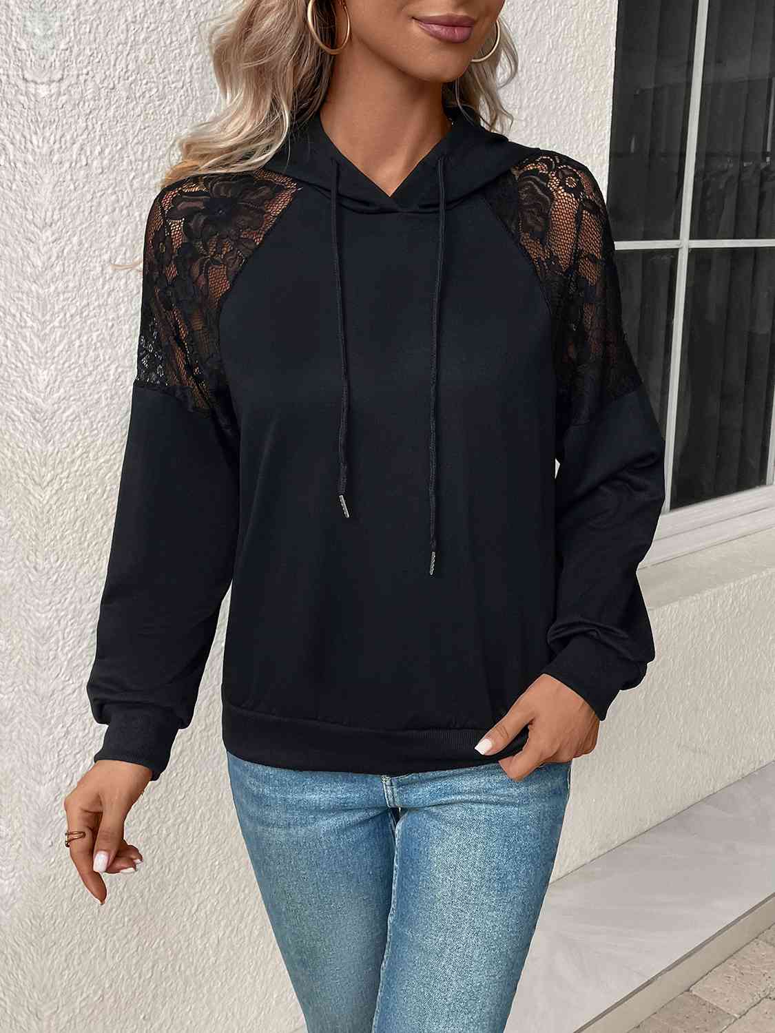 Lace Detail Drawstring Long Sleeve Hoodie   