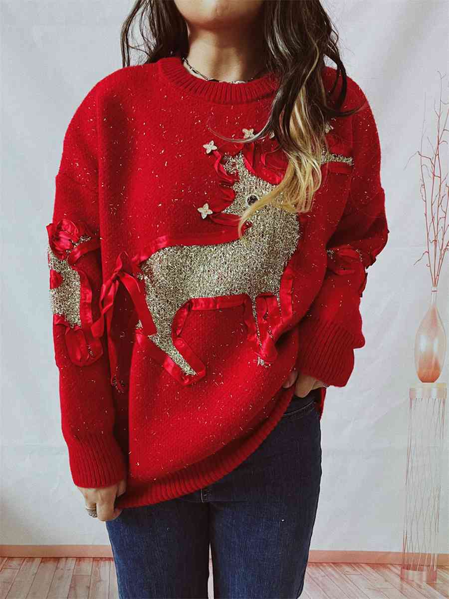 Reindeer Round Neck Long Sleeve Sweater Red S 