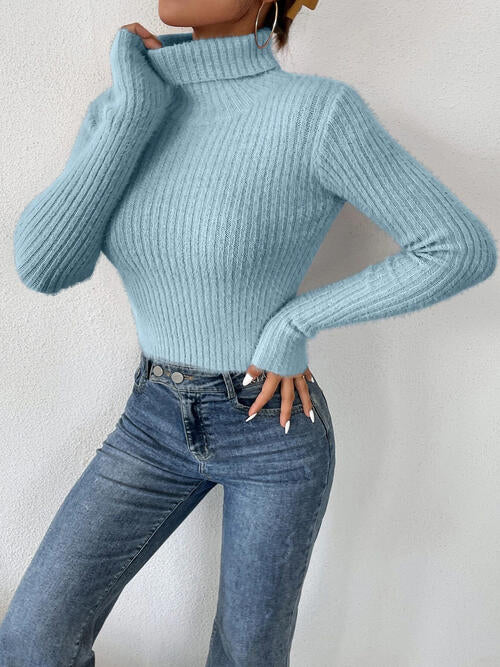 Ribbed Turtleneck Long Sleeve Sweater   