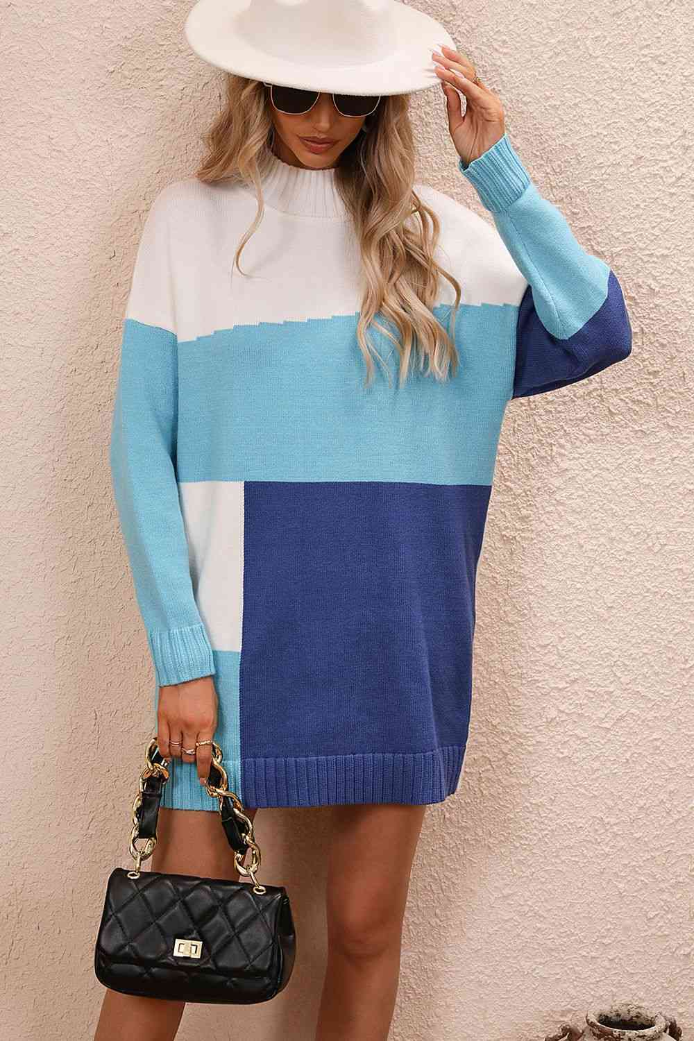 Color Block Mock Neck Dropped Shoulder Sweater Dress   