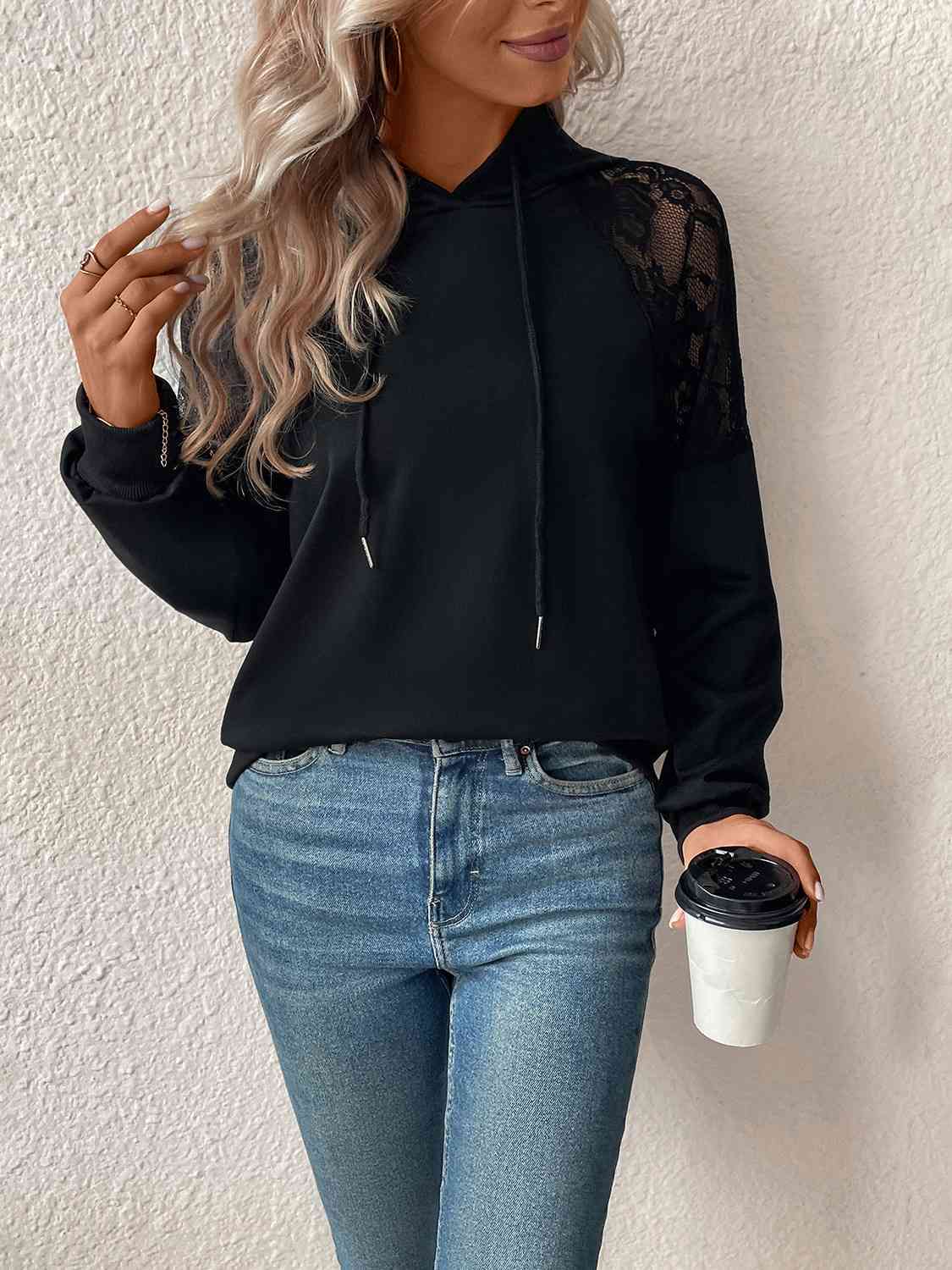 Lace Detail Drawstring Long Sleeve Hoodie   