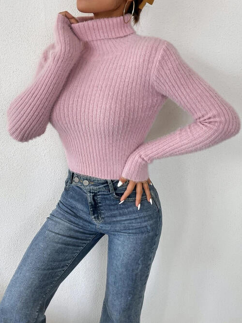 Ribbed Turtleneck Long Sleeve Sweater   