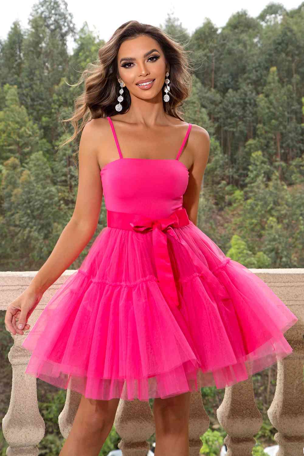 Spaghetti Strap Tied Mesh Dress Hot Pink XS 