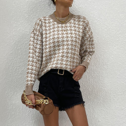 Houndstooth Round Neck Drop Shoulder Sweater Sand S 