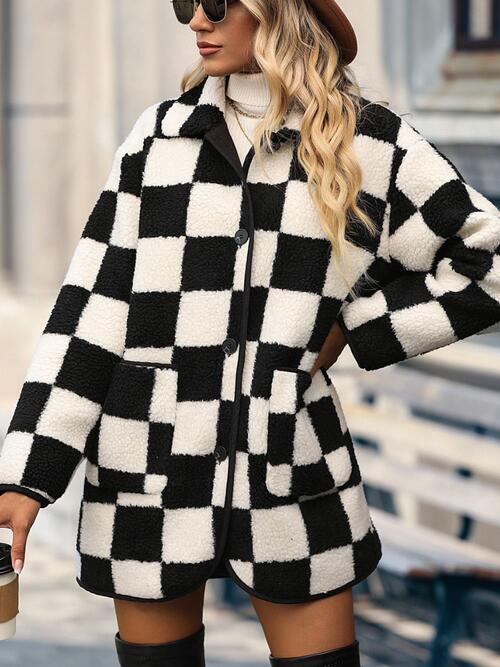 Double Take Plus Size Checkered Button Front Coat with Pockets   