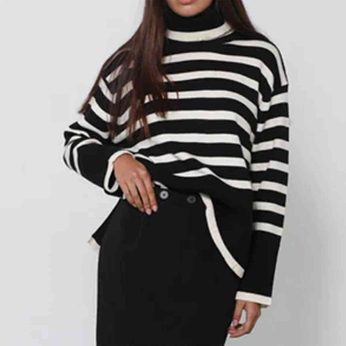 Striped Turtleneck Flare Sleeve Sweater   