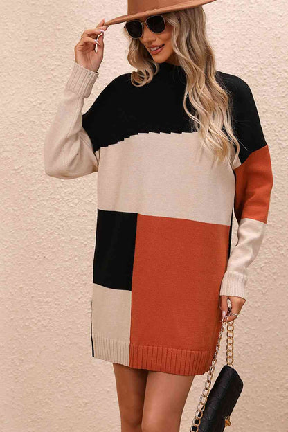 Color Block Mock Neck Dropped Shoulder Sweater Dress   
