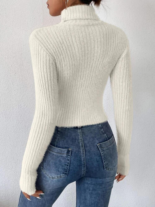 Ribbed Turtleneck Long Sleeve Sweater   