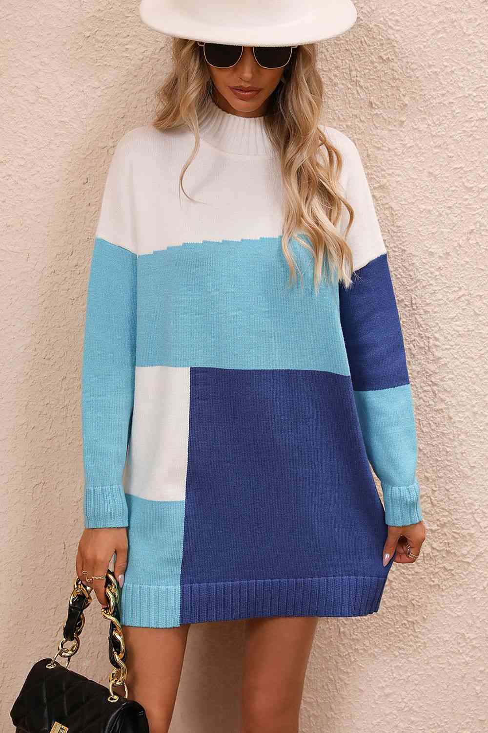 Color Block Mock Neck Dropped Shoulder Sweater Dress Pastel  Blue S 