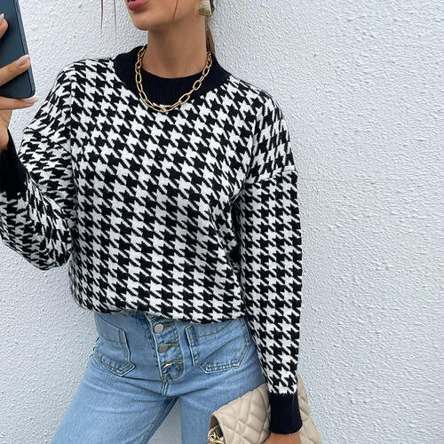 Houndstooth Round Neck Drop Shoulder Sweater   