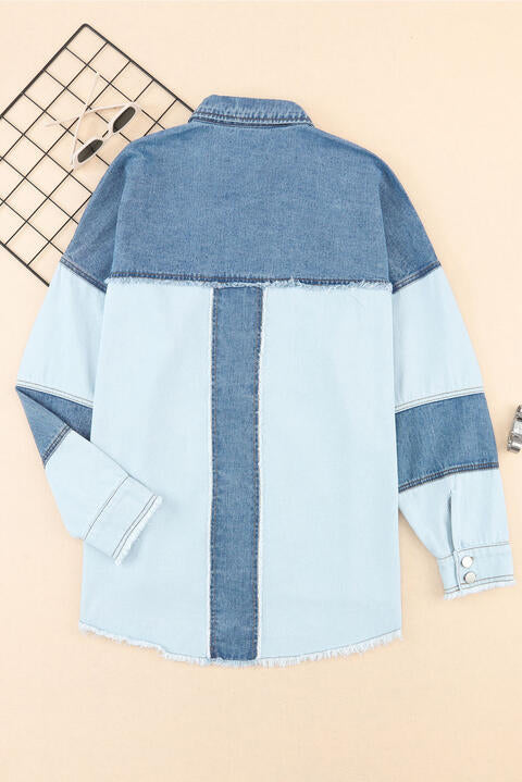 Raw Hem Button Up Denim Jacket with Breast Pockets   