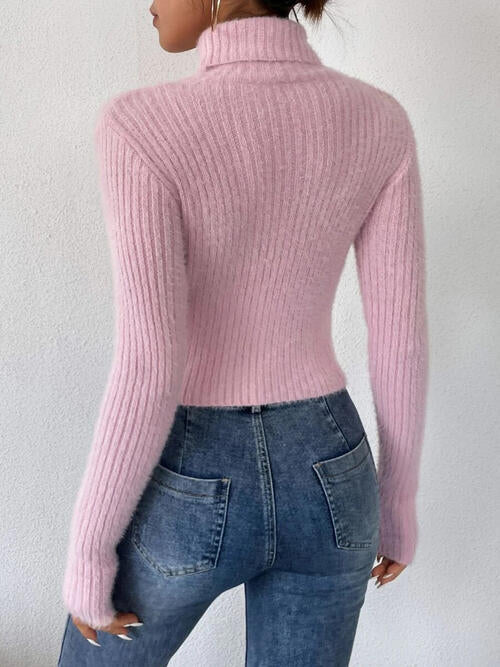 Ribbed Turtleneck Long Sleeve Sweater   