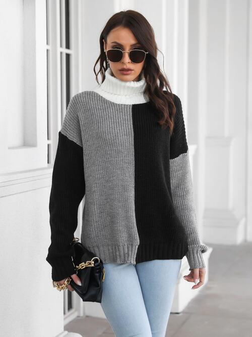 Contrast Turtleneck Long Sleeve Sweater   