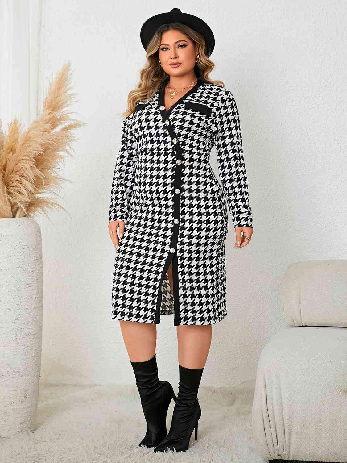 Plus Size Houndstooth Long Sleeve Slit Dress   