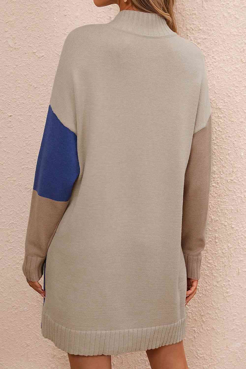 Color Block Mock Neck Dropped Shoulder Sweater Dress   