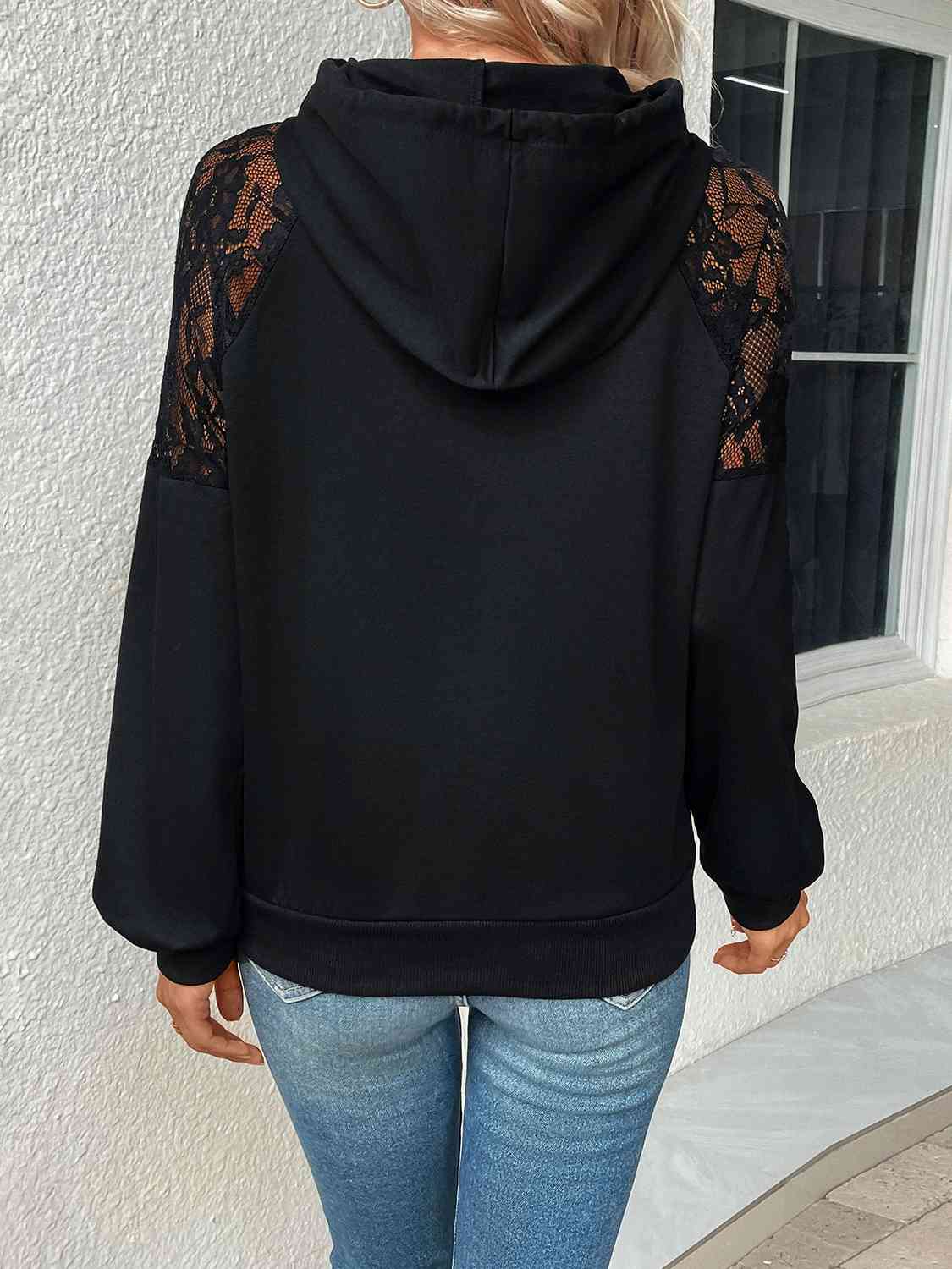 Lace Detail Drawstring Long Sleeve Hoodie   