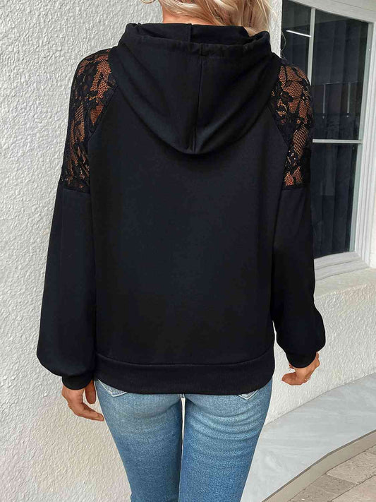 Lace Detail Drawstring Long Sleeve Hoodie   