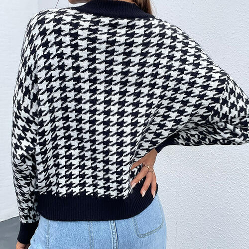 Houndstooth Round Neck Drop Shoulder Sweater   