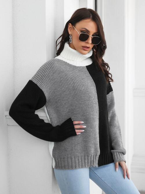 Contrast Turtleneck Long Sleeve Sweater   