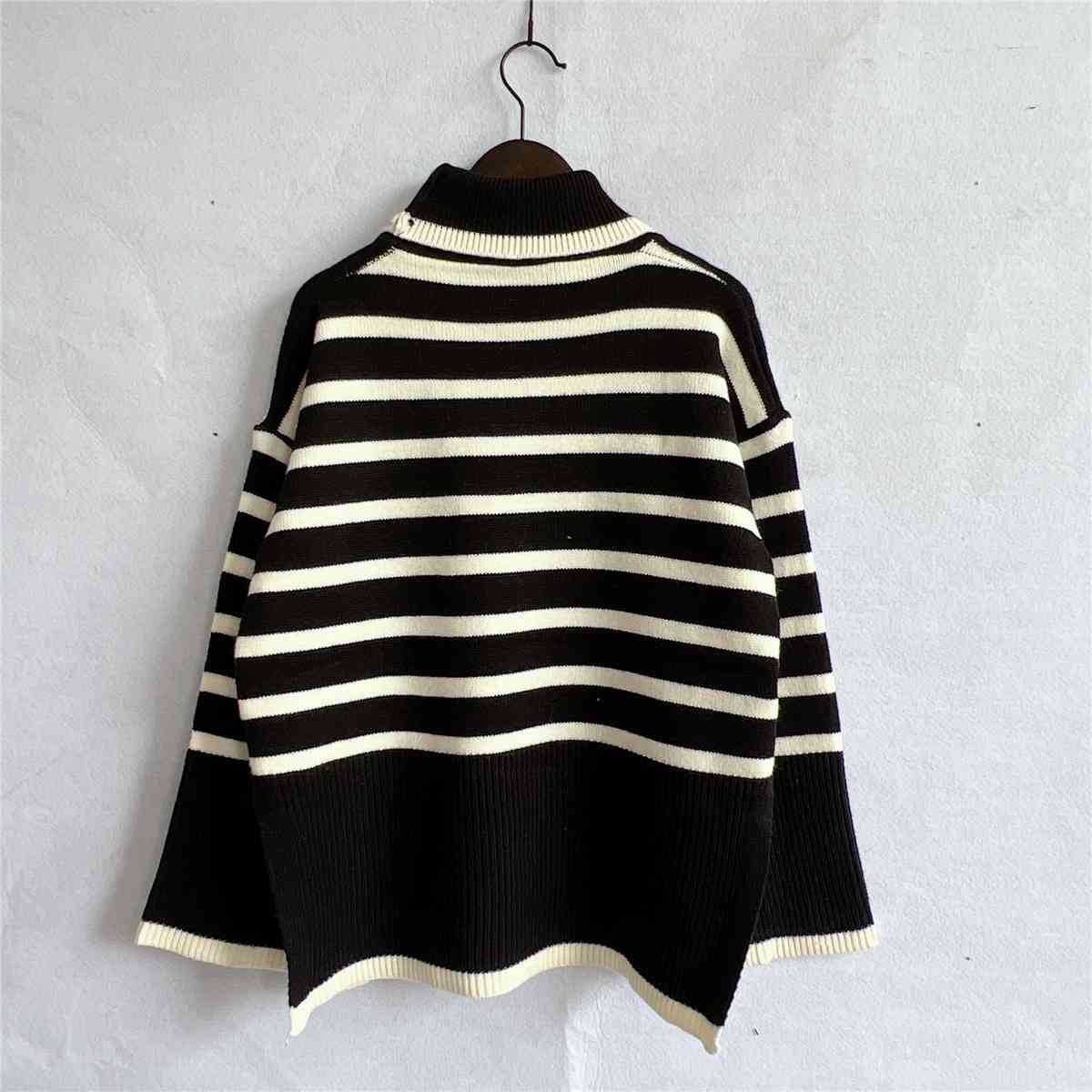 Striped Turtleneck Flare Sleeve Sweater   