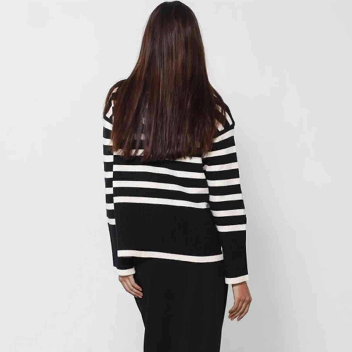 Striped Turtleneck Flare Sleeve Sweater   