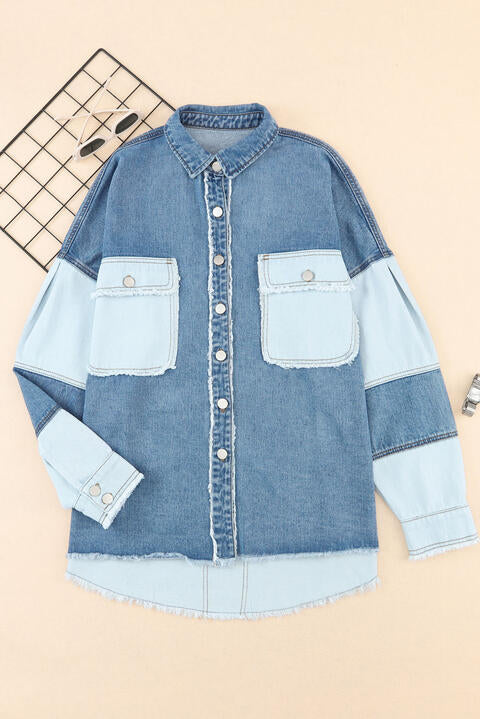 Raw Hem Button Up Denim Jacket with Breast Pockets   