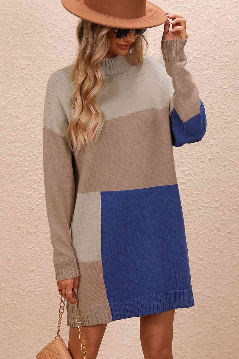 Color Block Mock Neck Dropped Shoulder Sweater Dress Camel S 