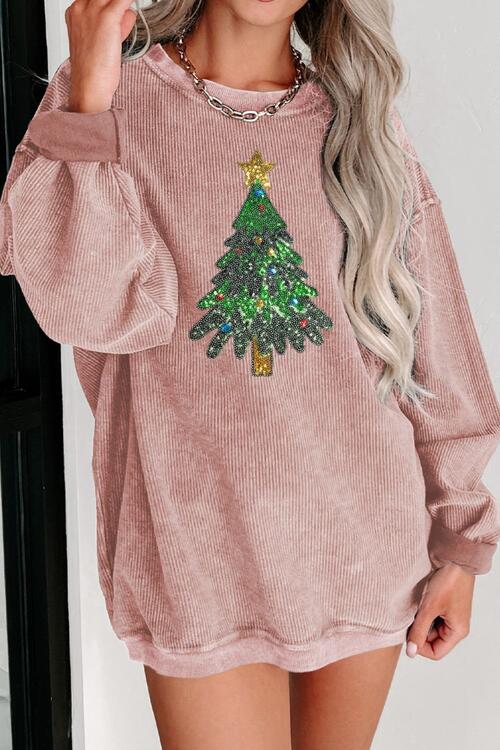 Sequin Christmas Tree Ribbed Drop Shoulder Sweatshirt   