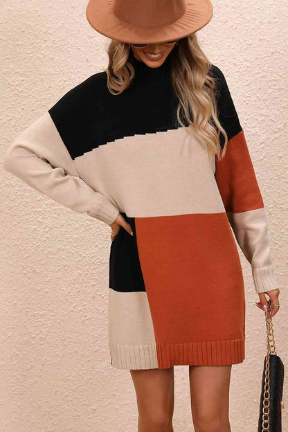 Color Block Mock Neck Dropped Shoulder Sweater Dress   