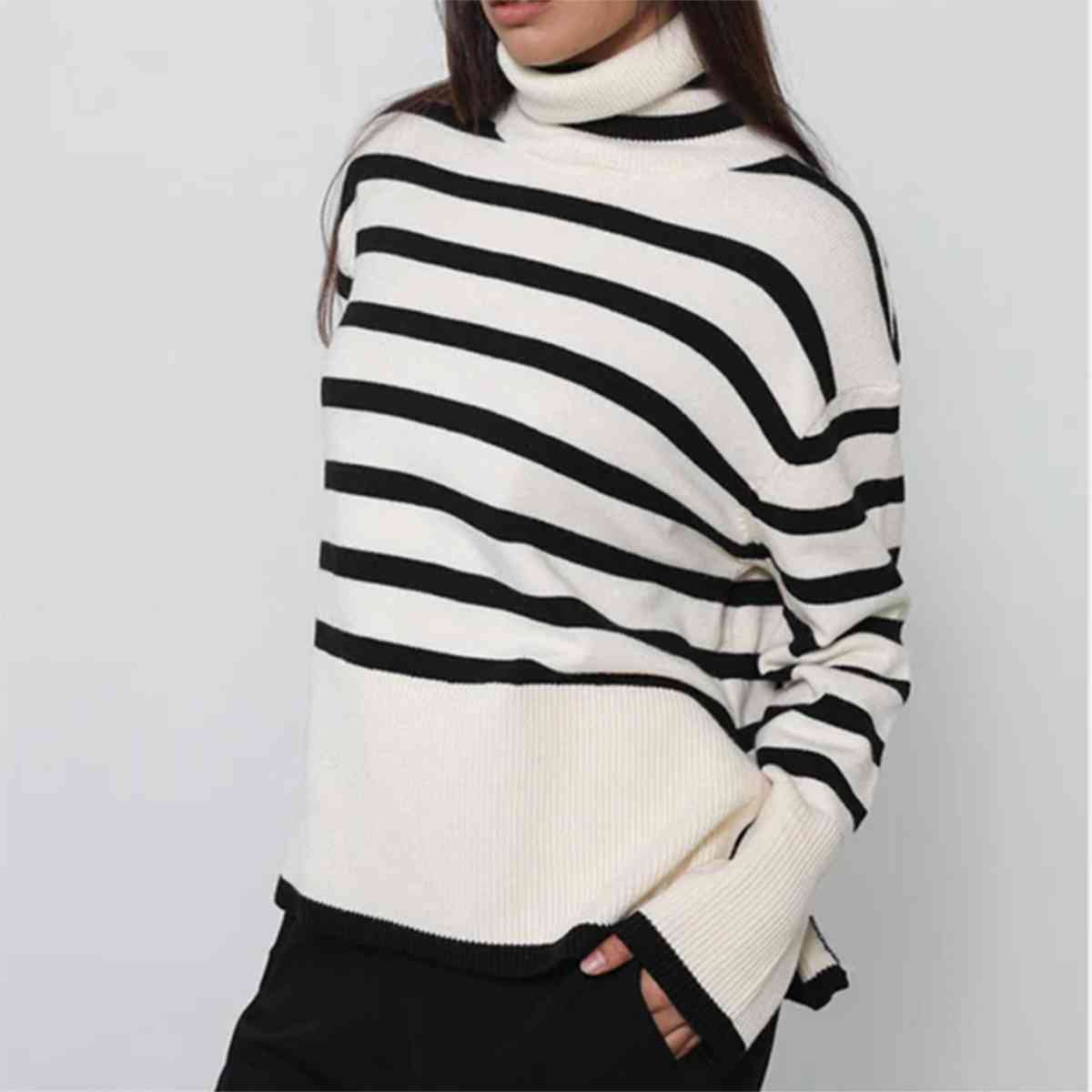 Striped Turtleneck Flare Sleeve Sweater   