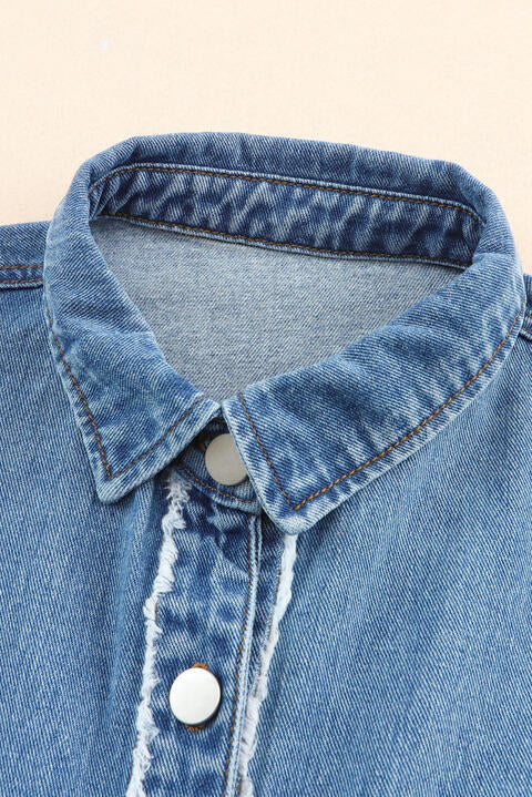 Raw Hem Button Up Denim Jacket with Breast Pockets   