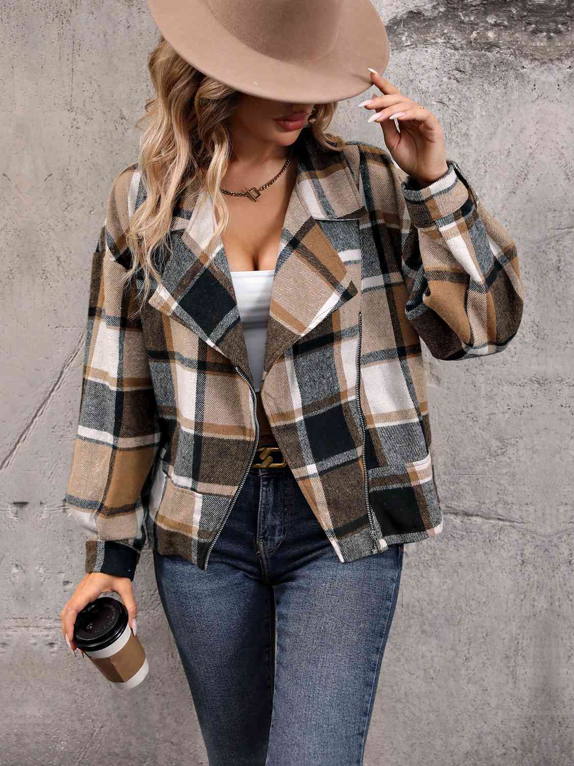 Plaid Collared Neck Long Sleeve Jacket   