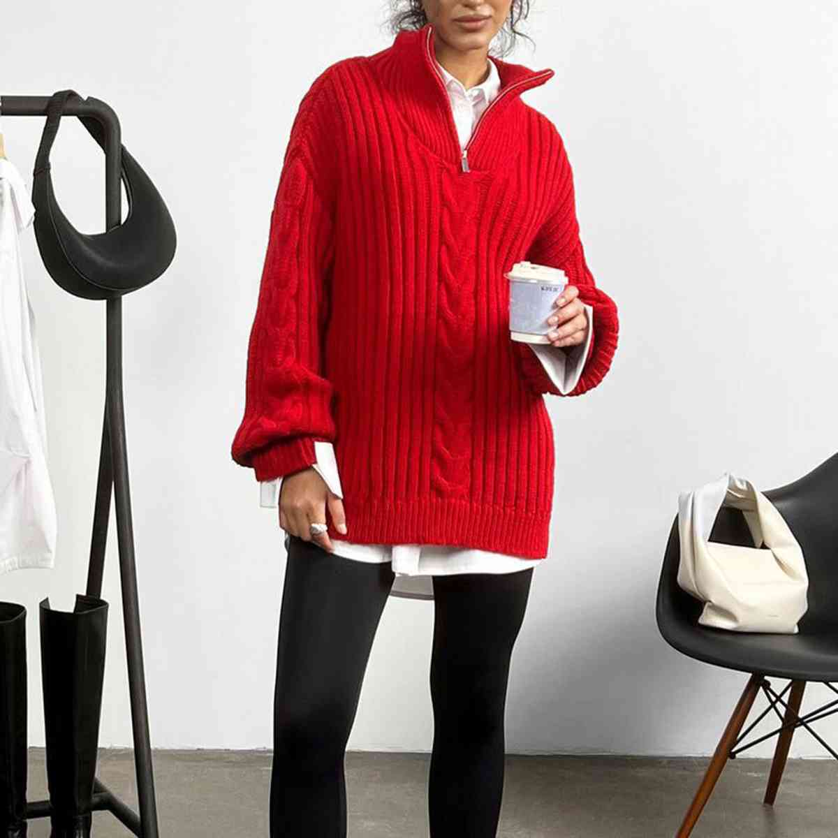 Ribbed Half Zip Long Sleeve Sweater   