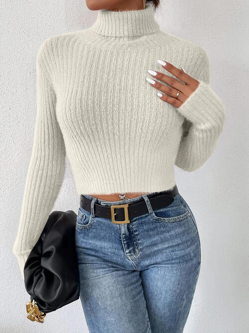 Ribbed Turtleneck Long Sleeve Sweater   