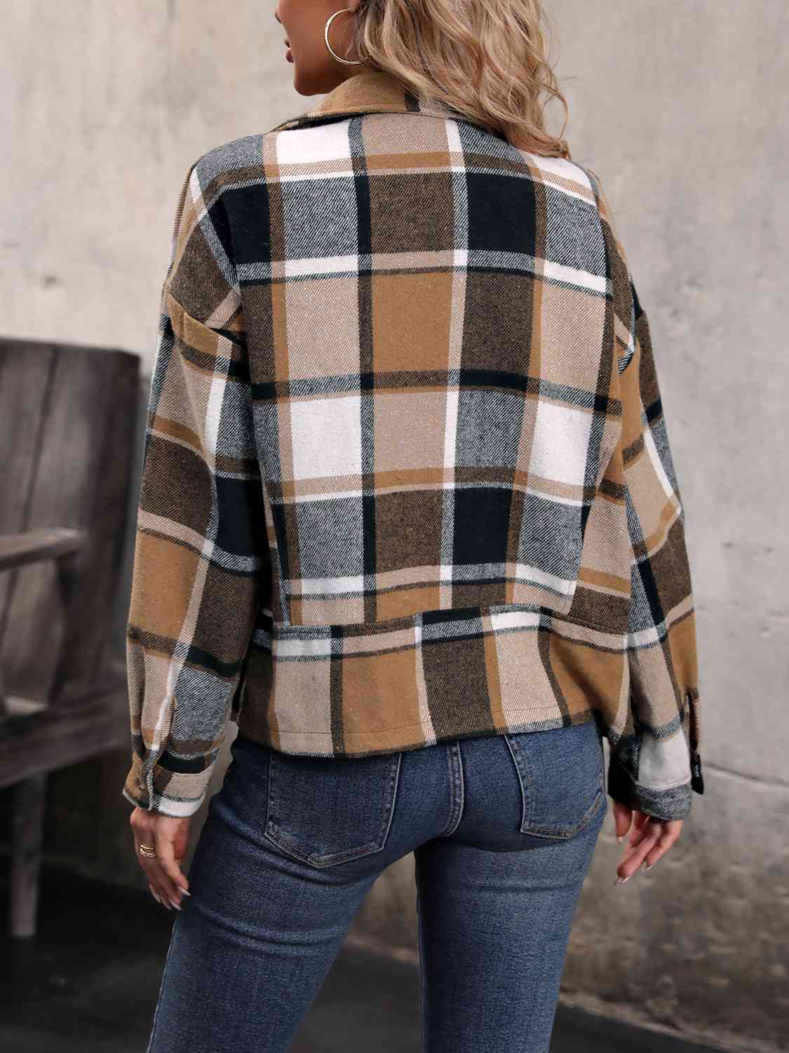 Plaid Collared Neck Long Sleeve Jacket   