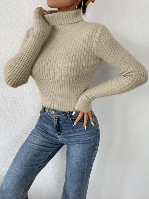 Ribbed Turtleneck Long Sleeve Sweater   