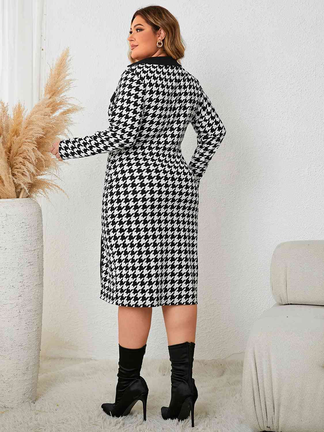 Plus Size Houndstooth Long Sleeve Slit Dress   