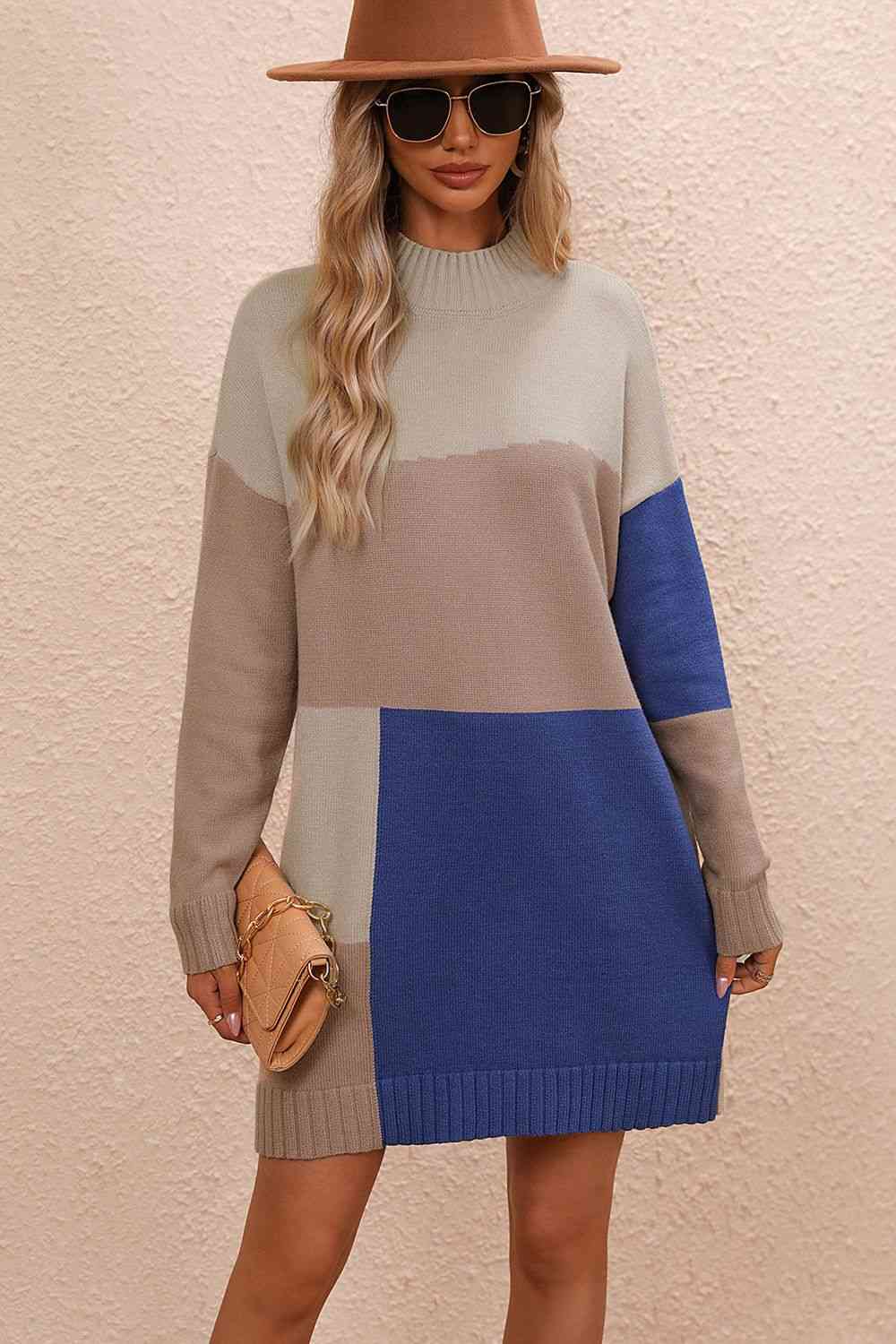 Color Block Mock Neck Dropped Shoulder Sweater Dress   