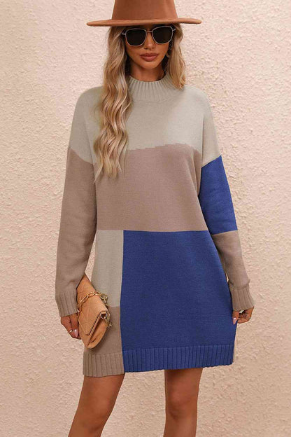 Color Block Mock Neck Dropped Shoulder Sweater Dress   