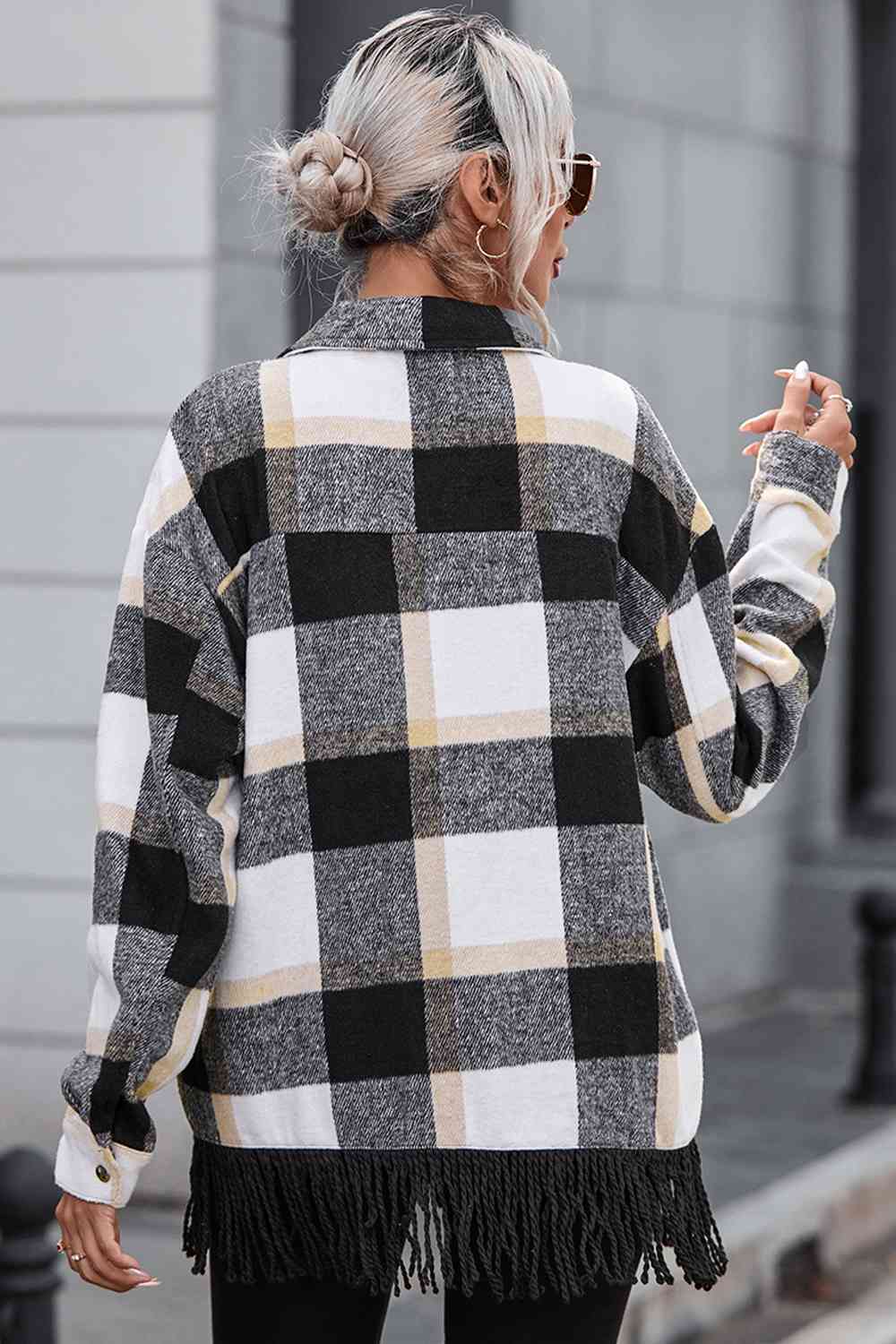 Plaid Collared Neck Snap Front Jacket   