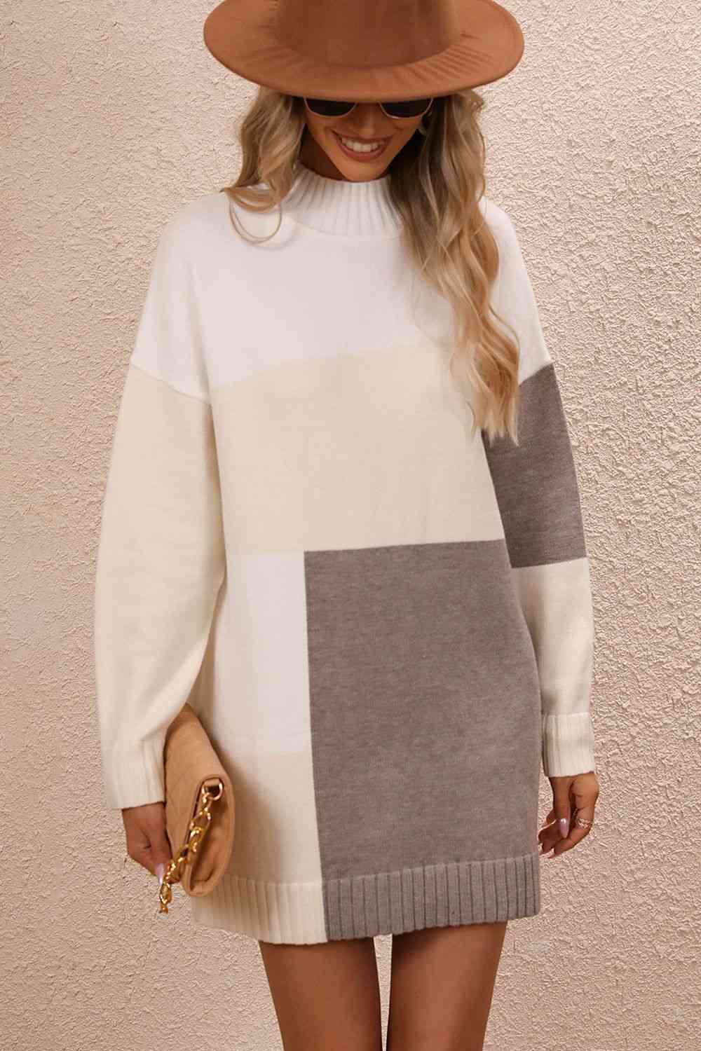 Color Block Mock Neck Dropped Shoulder Sweater Dress Ivory S 