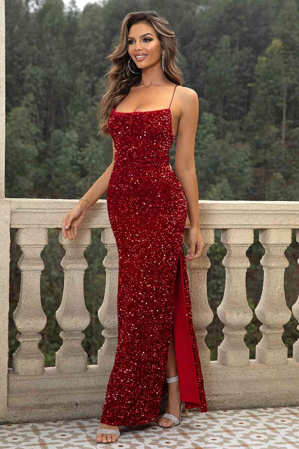 Sequin Backless Split Maxi Dress   