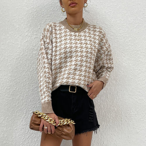 Houndstooth Round Neck Drop Shoulder Sweater   