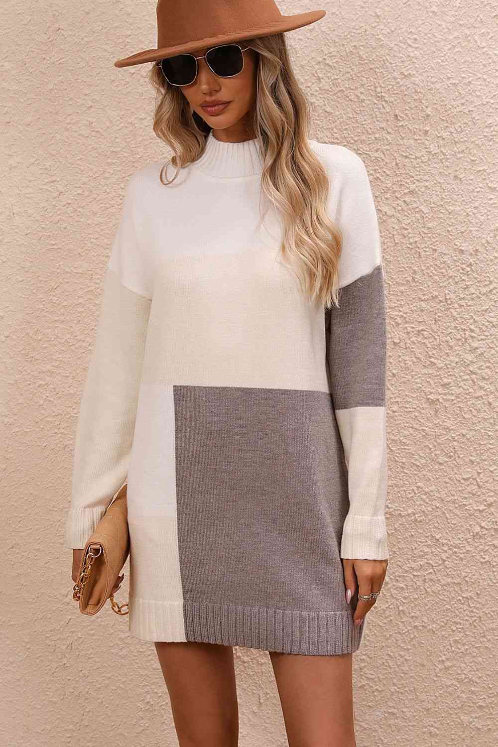 Color Block Mock Neck Dropped Shoulder Sweater Dress   