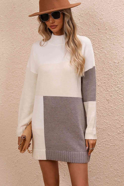 Color Block Mock Neck Dropped Shoulder Sweater Dress   